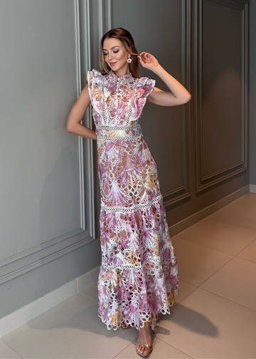 Elaina Summer Flower Embroidery Maxi Dress